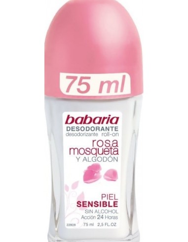 خرید رول ضد تعریق باباریا حاوی عصاره گل رز (ضد حساسیت) 24 ساعته 75 میل Babaria Rosa Mosqueta Piel Sensible Deodorant Roll-On
