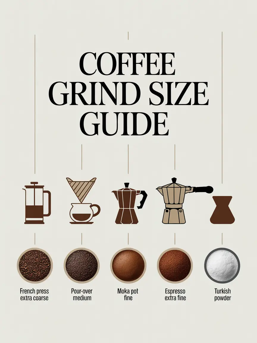 اینفوگرافیک راهنمای تصویری درجه آسیاب قهوه برای اسپرسو، موکاپات، V60 و فرنچ پرس