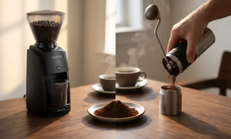 راهنمای خرید آسیاب قهوه ۲۰۲۵؛ تصویر مقایسه‌ای گریندر دستی و برقی در کنار دانه‌های تازه قهوه