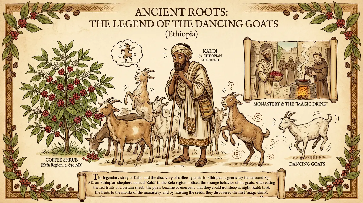 داستان افسانه‌ای کالدی و کشف قهوه توسط بزها در اتیوپی