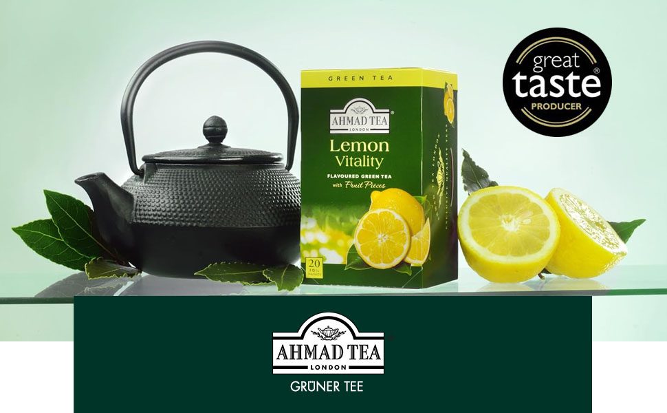دمنوش چای سبز لیمویی احمد با تکههای واقعی لیمو- انرژیبخش با کافئین ملایم 20 عددی Ahmad Lemon Green Tea 2 دم کردن دمنوش لیمو