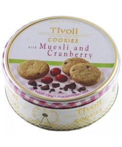 قیمت خرید کوکی/ بیسکویت تیولی با طعم موسلی و زغال اخته 150 گرمی جعبه فلزی Tivoli cookies with muesli and cranberry