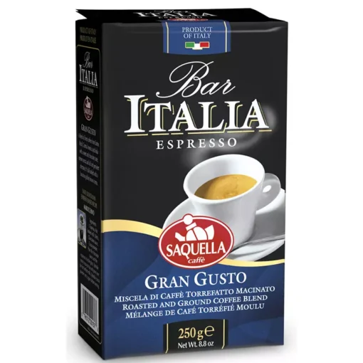 قیمت خرید فروش پودر قهوه ساکوئلا ایتالیا گرن گوستو آبی 250 گرمی Saquella Italia Gran Gusto Espresso Ground Coffee