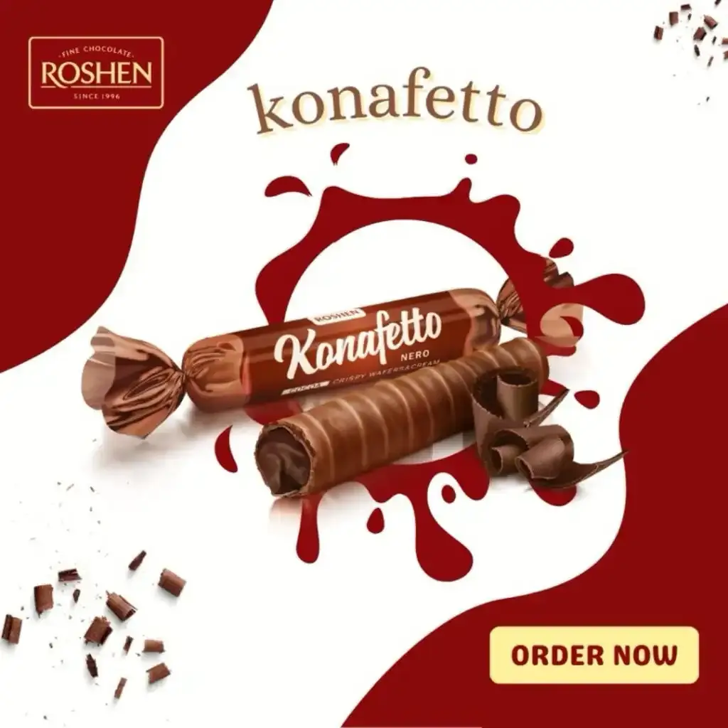 ویفر رولی روشن کنافتو با مغز فندق 1 کیلویی Roshen Konafetto glazed Crispy roller wafer 2 فروش ویفر رولی روشن کنافتو با مغز فندوق 1 کیلویی Roshen Konafetto glazed Crispy roller wafer