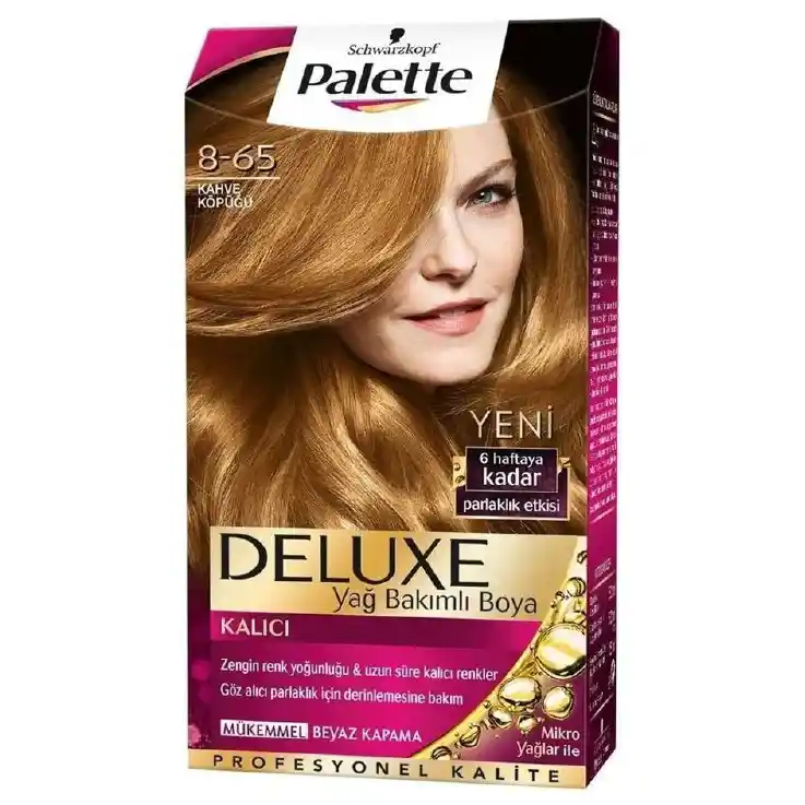رنگ موی پلت دلوکس حاوی روغن های مغذی (بلوند روشن قهوه ای-کاپوچینو) Palette Deluxe Yag Bakımlı Boya Kahve Kopugu 8-65 1 خرید رنگ موی پلت دلوکس حاوی روغن های مغذی (قهوه ای فندقی) Palette Deluxe Yag Bakımlı Boya Kahve Kopugu