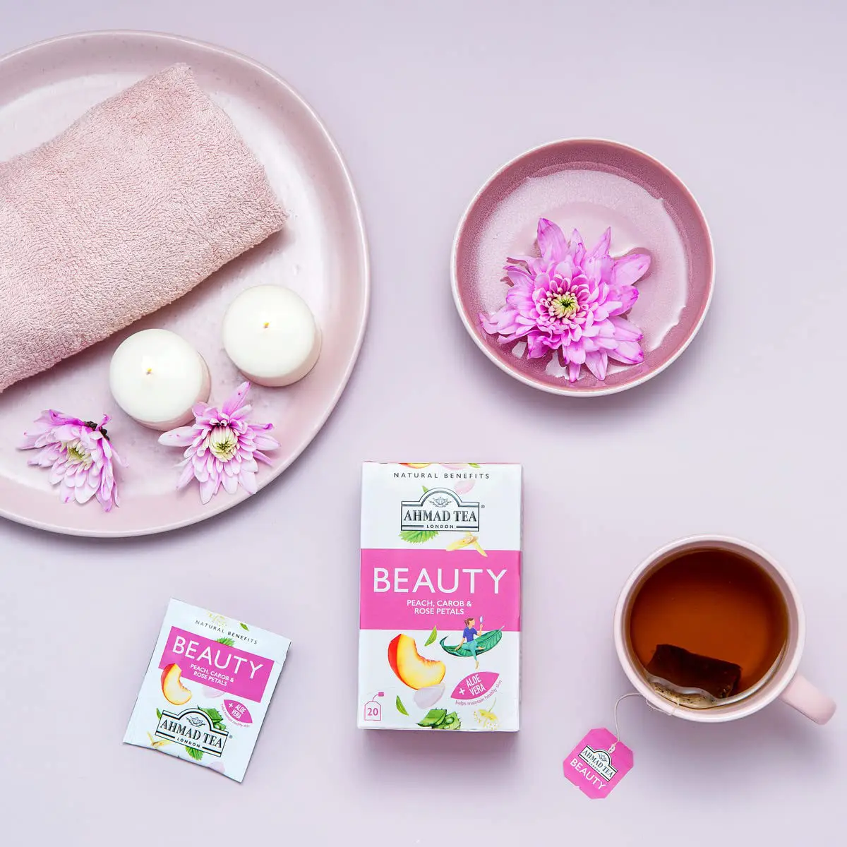 دمنوش بیوتی چای احمد مخصوص سلامت پوست حاوی گزنه، آلوئهورا، هلو و خرنوب 20عددی Ahmad Tea Beauty 2 طعم شناسی چایی زیبایی احمو طعم هلو