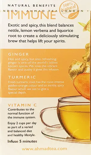 دمنوش احمد تی تقویت سیستم ایمنی با لیمو، زنجبیل، زردچوبه و ویتامین سی 20 عددی Ahmad Tea Immune 2 دمنوش احمد تی تقویت سیستم ایمنی با لیمو، زنجبیل، زردچوبه و ویتامین 20 بگ C Ahmad Tea Immune Lemon, Ginger & Turmeric