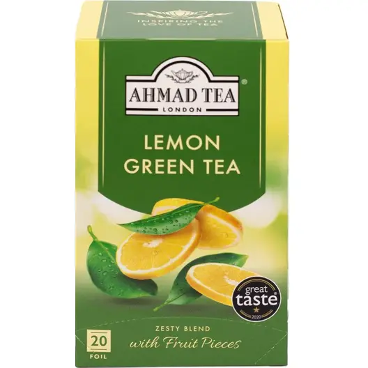 دمنوش چای سبز لیمویی احمد با تکههای واقعی لیمو- انرژیبخش با کافئین ملایم 20 عددی Ahmad Lemon Green Tea 1 خرید دمنوش چای سبز لیمویی انرژیبخش با کافئین ملایمLemon Green Tea - Teabags