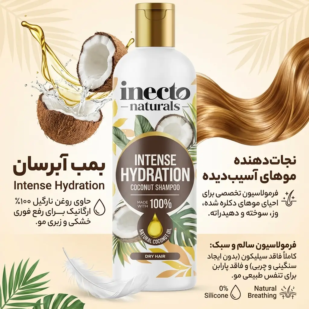 شامپو مو اینکتو عصاره نارگیل آبرسان قوی موهای خشک، خیلی خشک و دکلره و آسیب دیده 500میل Inecto Coconut Intense Hydration Shampoo 2 اینفوگرافیک شامپو نارگیل انکتو
