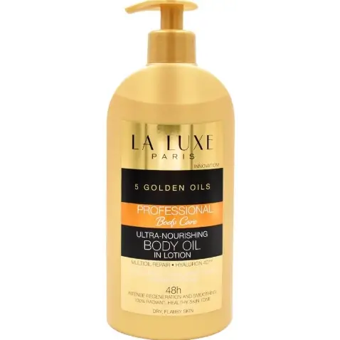لوسیون بدن لالوکس پاریس سفتکننده و مغذی 4بعدی مخصوص پوست خشک 350میل LA Luxe Paris 5 Golden Oils Ultra Nourishing Body Oil In Lotion 1 قیمت و خرید لوسیون بدن لالوکس پاریس سفتکننده و مغذی اصل مخصوص پوست خشک LA Luxe Paris 5 Golden Oils Ultra Nourishing Body Oil In Lotion