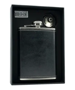فلاسک جیبی طرح چرم مشکی ان بی کو مدل FLNB-1256 6 فلاسک جیبی طرح چرم مشکی ان بی کو و قیف در جعبهی هدیهی باز