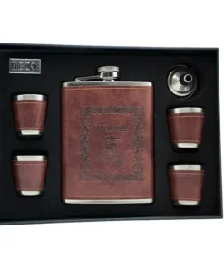 ست فلاسک جیبی و ۴ شات طرح چرم اکسپندبلز ان بی کو مدل FLNB-1259 5 اجزای ست فلاسک جیبی و شات طرح چرم اکسپندبلز ان بی کو در جعبهی هدیهی باز